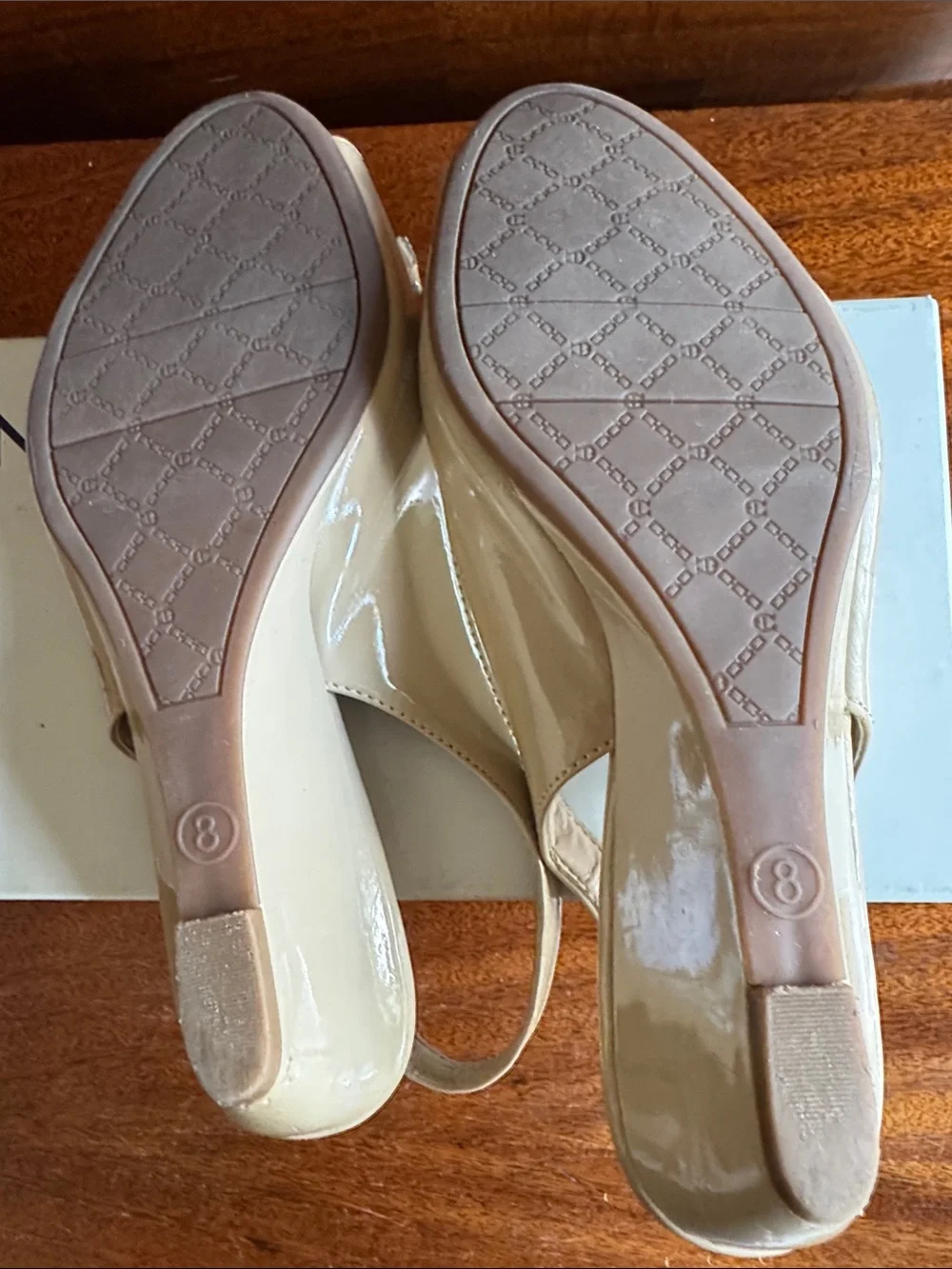 Etienne Aigner Women's Nude Beige Patent Slingback Peep-Toe Wedges